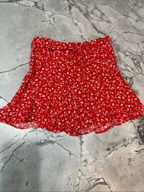 Zara Red Floral Ruffle Skater Skirt